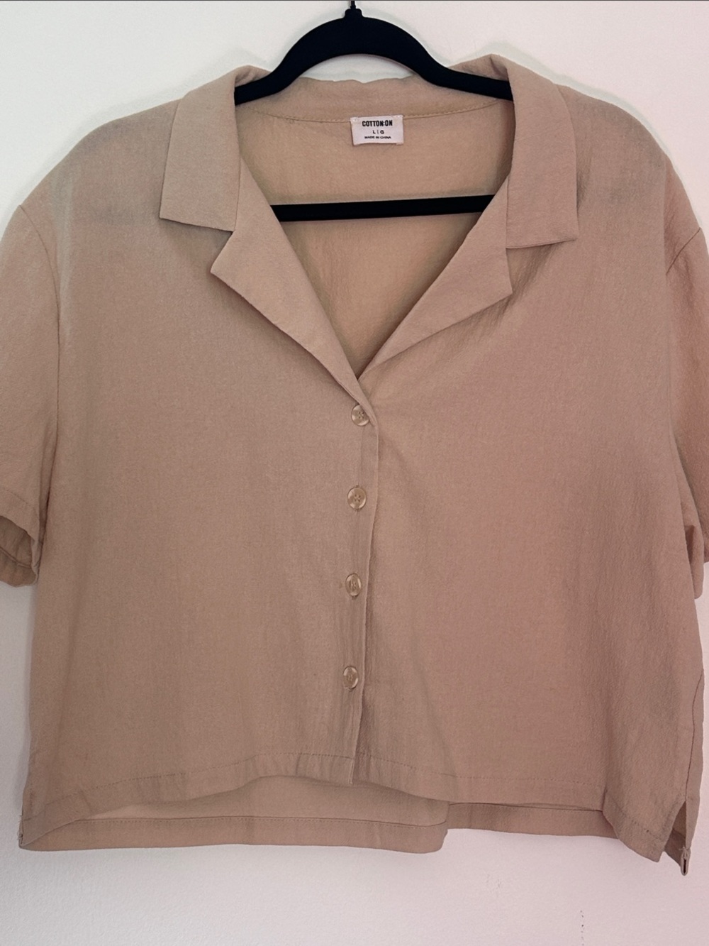 Cotton On Boxy Cropped Neutral Beige Short Sleeve Button Down Shirt L
